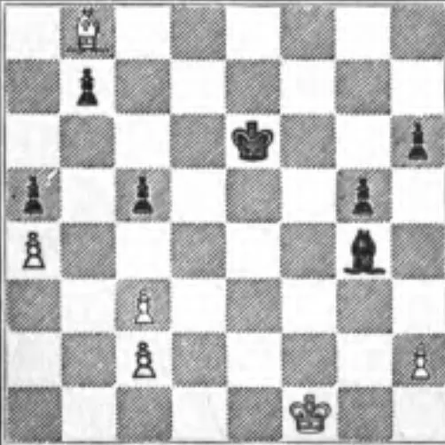 A 1920s printed chess diagram with hatched dark squares, a white bishop on b8 and a black king on e6.